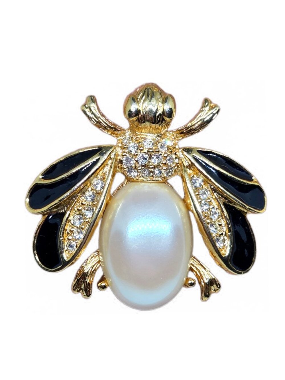 Vintage Bee Gold & Pearl Brooch with Black Enamel Wings